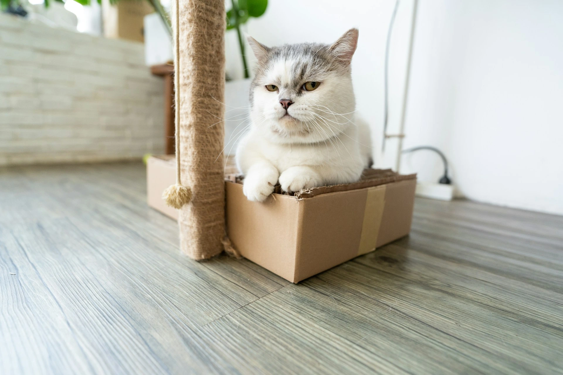 A white and grey cat sitting inside a cardboard scratching box next to a sisal-wrapped scratching post.